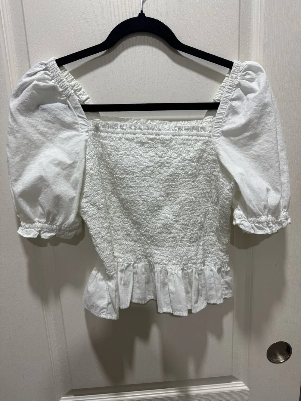 J.Crew Re-Imagined White Smocked Puff Sleeve Top Size S